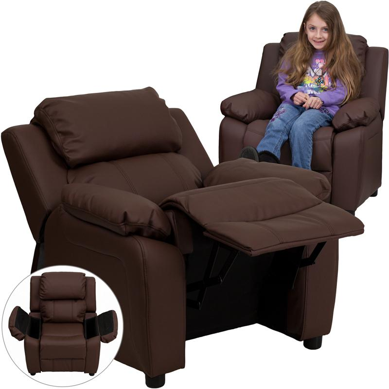 Padded Brown LeatherSoft Kids Recliner with Storage Arms