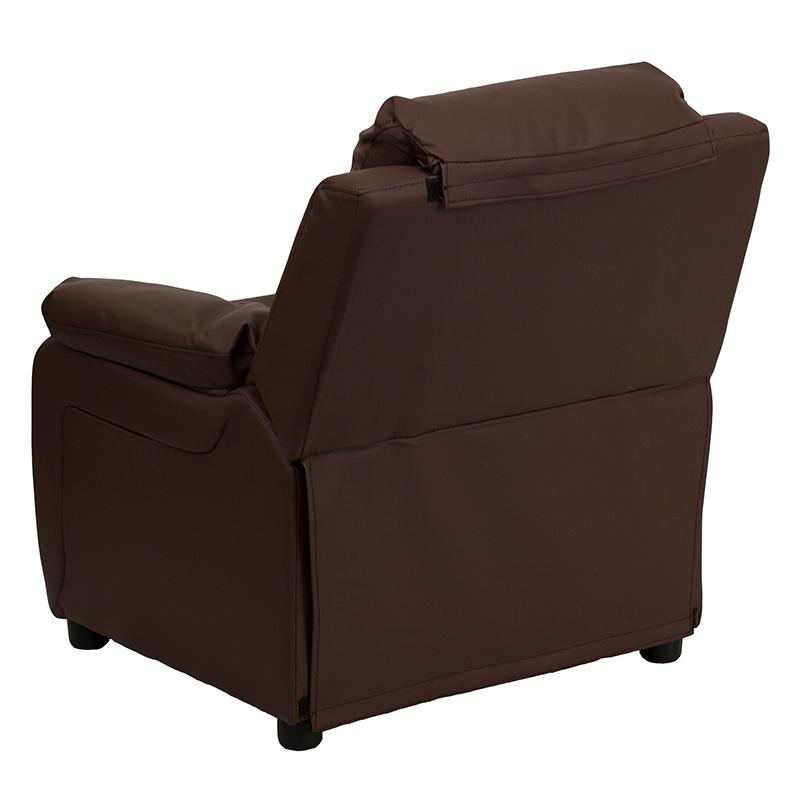 Padded Brown LeatherSoft Kids Recliner with Storage Arms