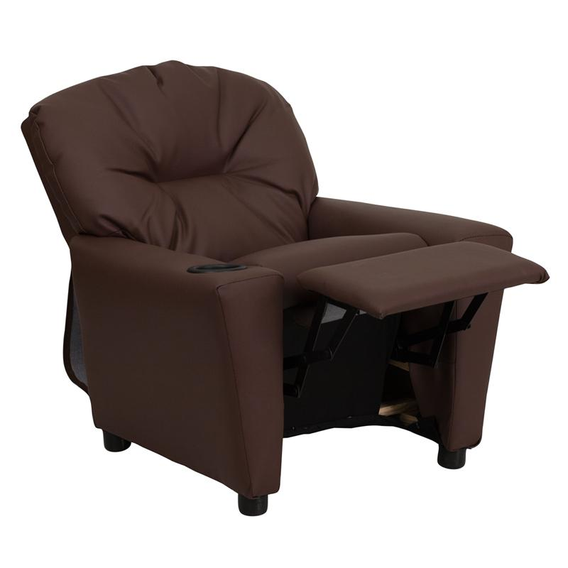 Brown LeatherSoft Kids Recliner with Cup Holder