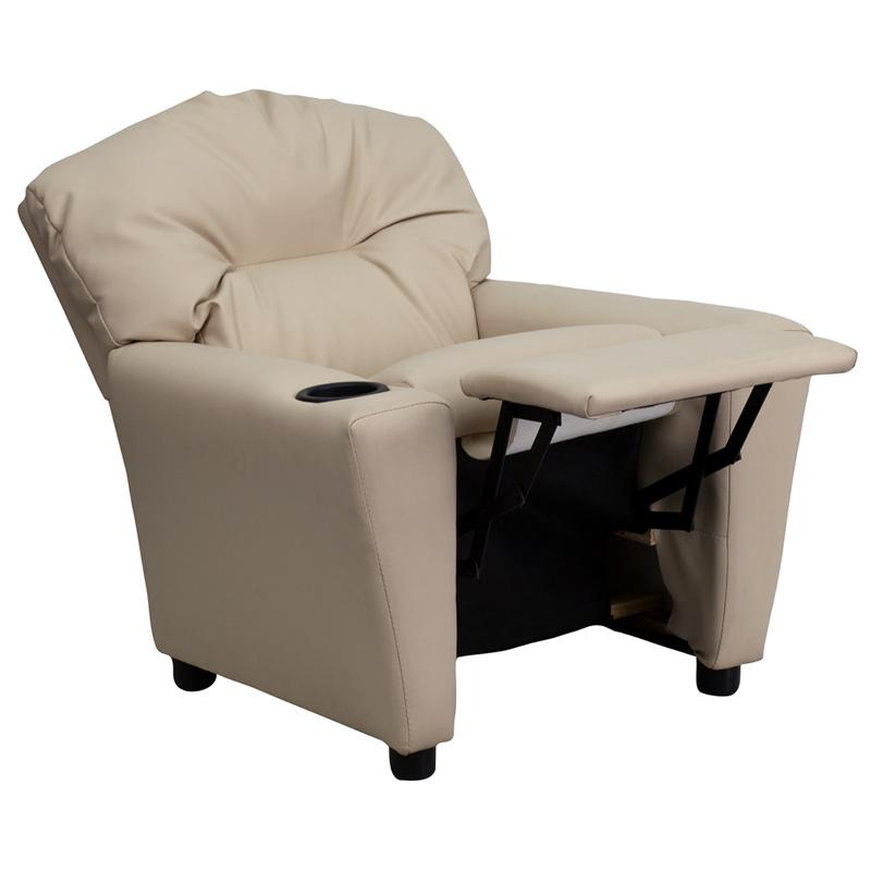 Beige Vinyl Kids Recliner with Cup Holder