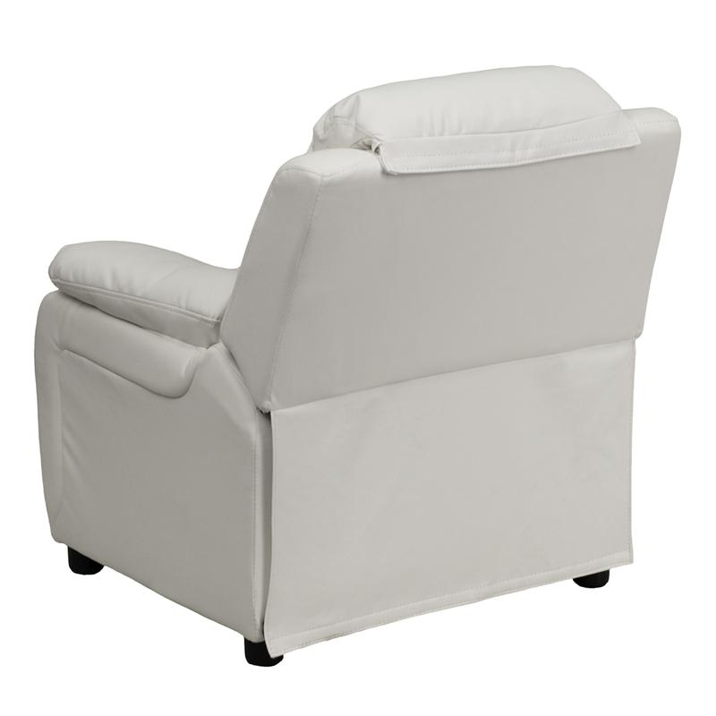 Padded White Vinyl Kids Recliner with Storage Arms