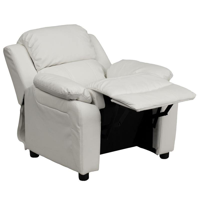 Padded White Vinyl Kids Recliner with Storage Arms