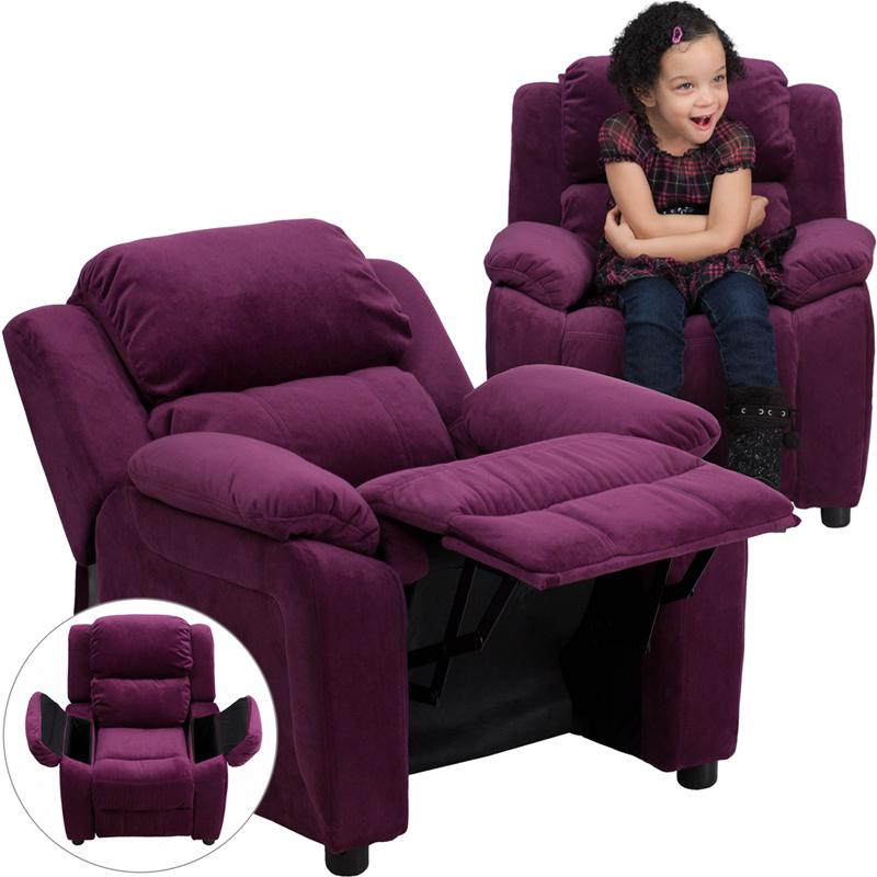 Padded Purple Microfiber Kids Recliner with Storage Arms