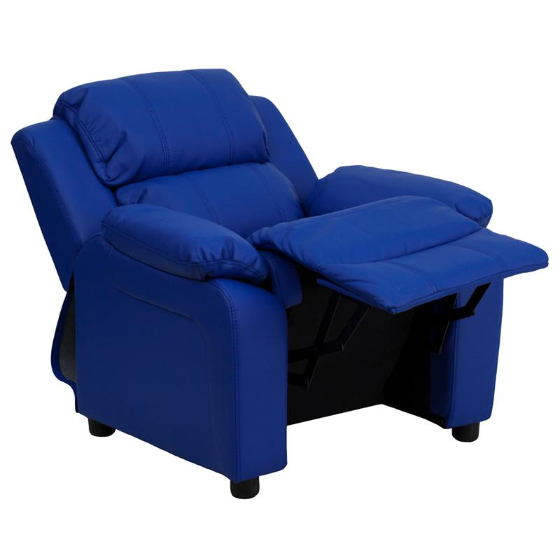 Padded Blue Vinyl Kids Recliner with Storage Arms