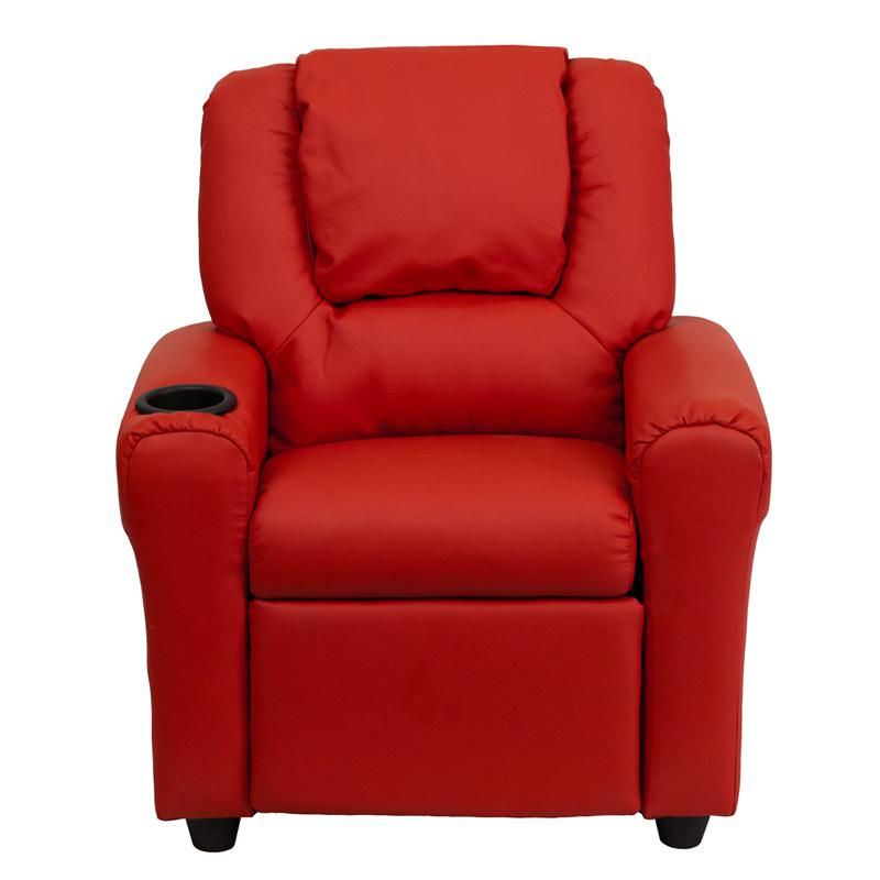 Red Vinyl Kids Recliner with Cup Holder and Headrest