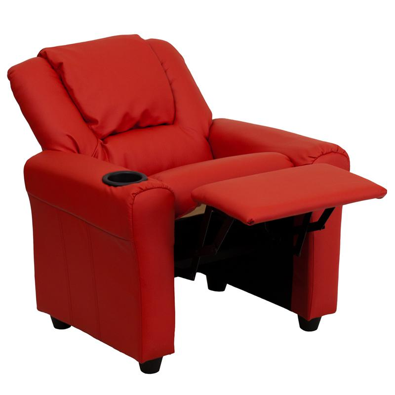 Red Vinyl Kids Recliner with Cup Holder and Headrest