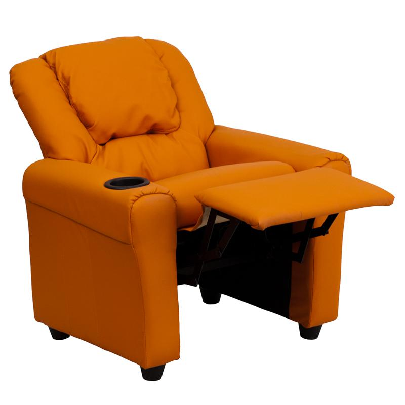 Orange Vinyl Kids Recliner with Cup Holder and Headrest