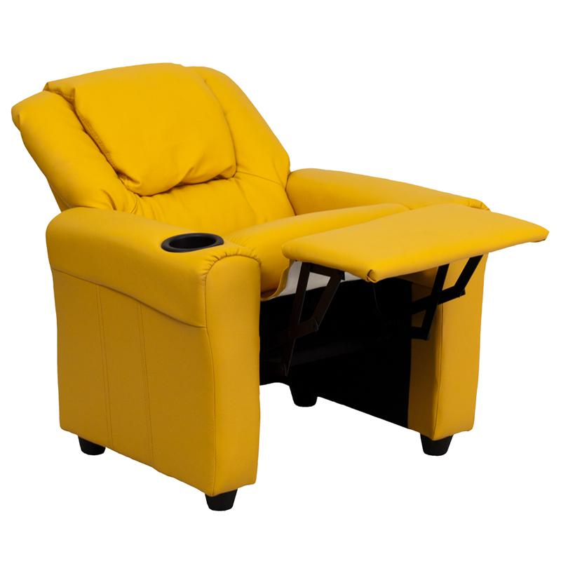 Yellow Vinyl Kids Recliner with Cup Holder and Headrest
