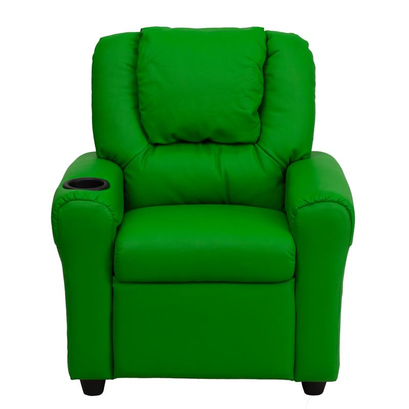 Green Vinyl Kids Recliner with Cup Holder and Headrest