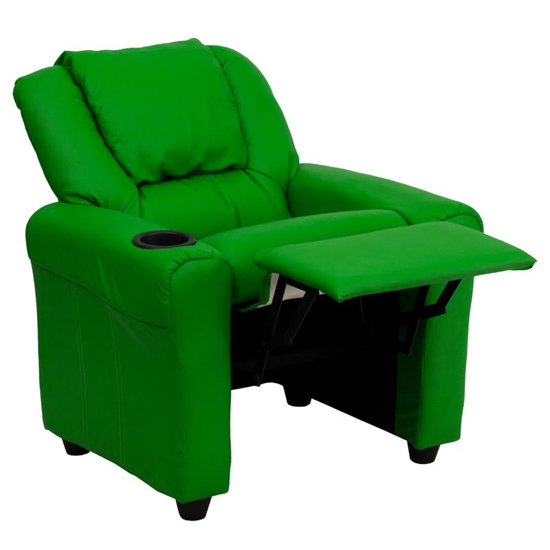 Green Vinyl Kids Recliner with Cup Holder and Headrest