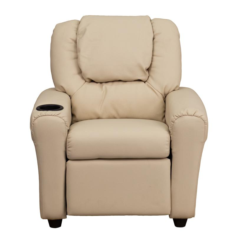 Beige Vinyl Kids Recliner with Cup Holder and Headrest