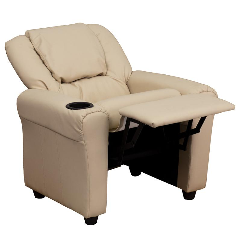 Beige Vinyl Kids Recliner with Cup Holder and Headrest