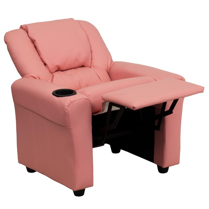 Pink Vinyl Kids Recliner with Cup Holder and Headrest