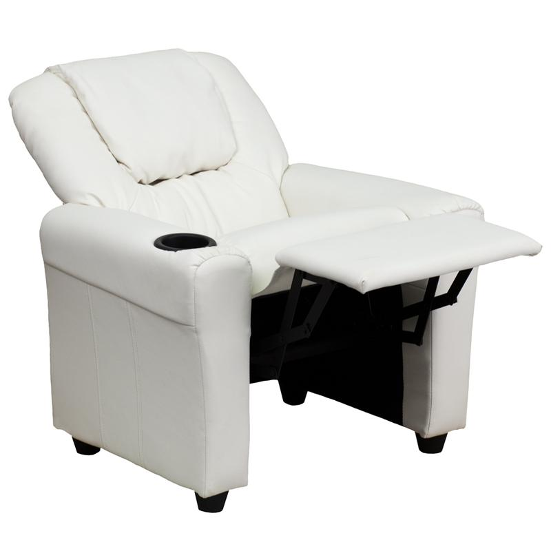 White Vinyl Kids Recliner with Cup Holder and Headrest
