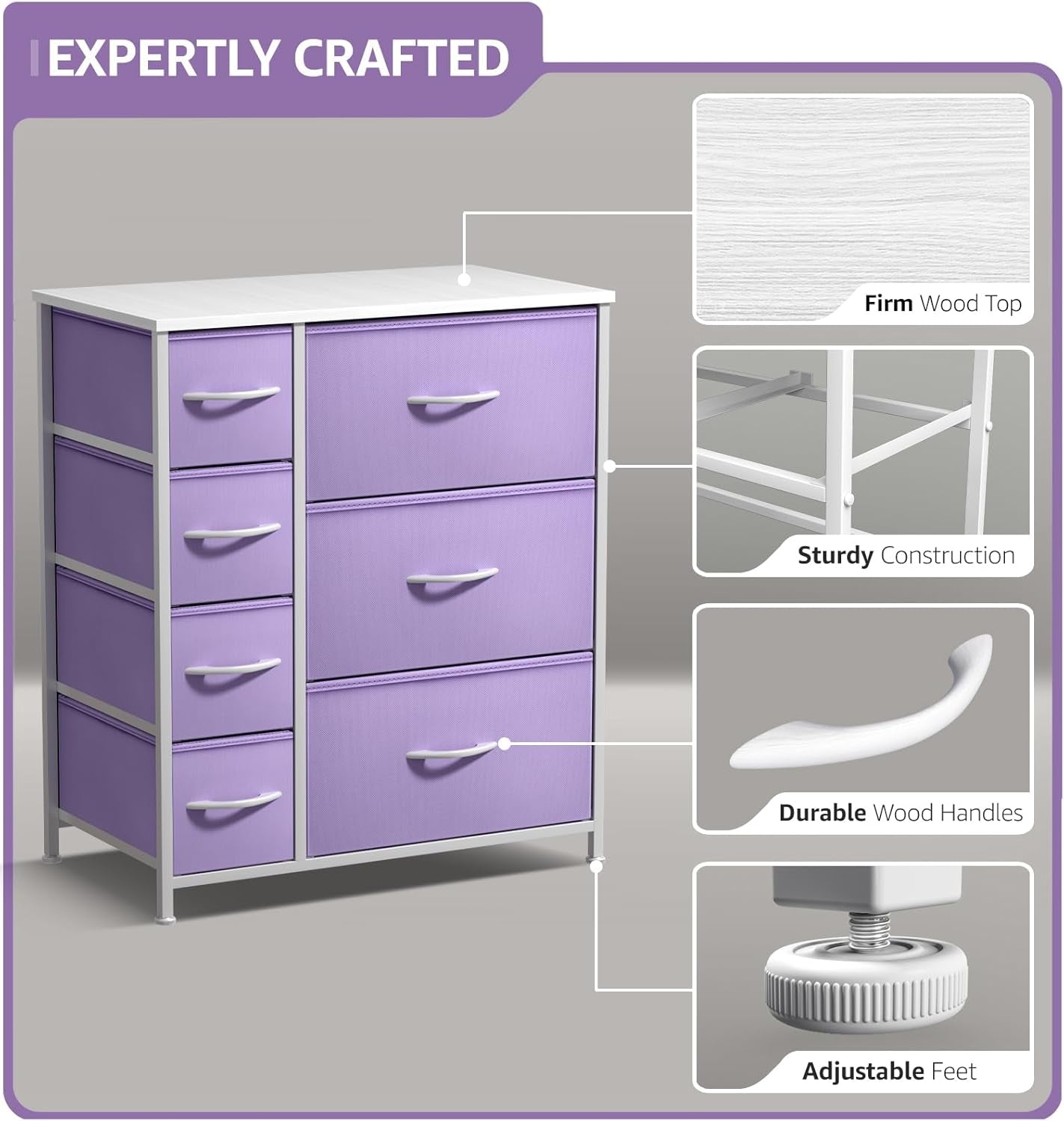 Kids Dresser with 7 Fabric Drawers - Purple