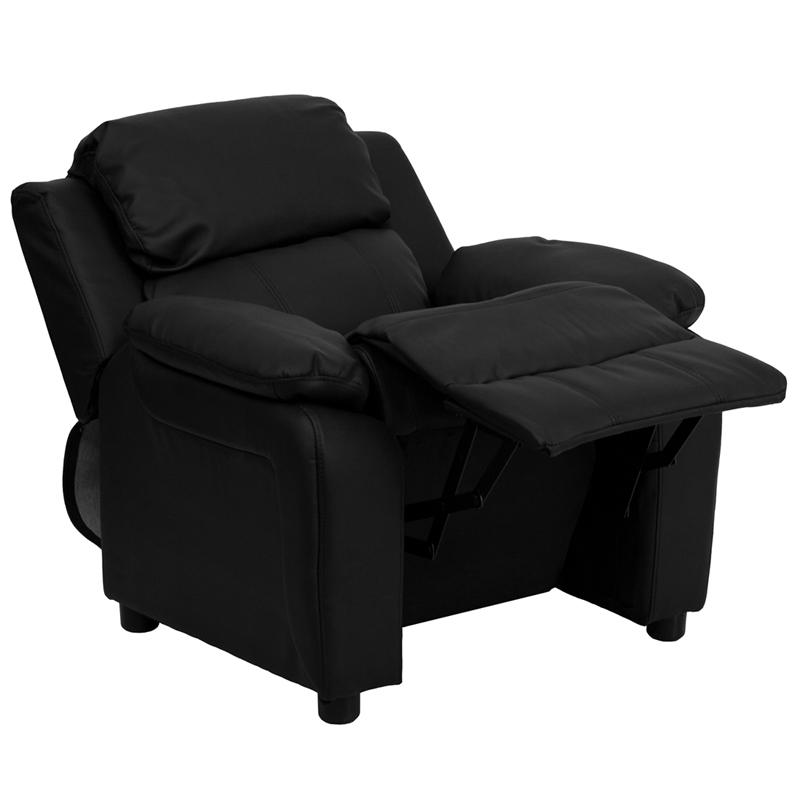 Padded Black LeatherSoft Kids Recliner with Storage Arms