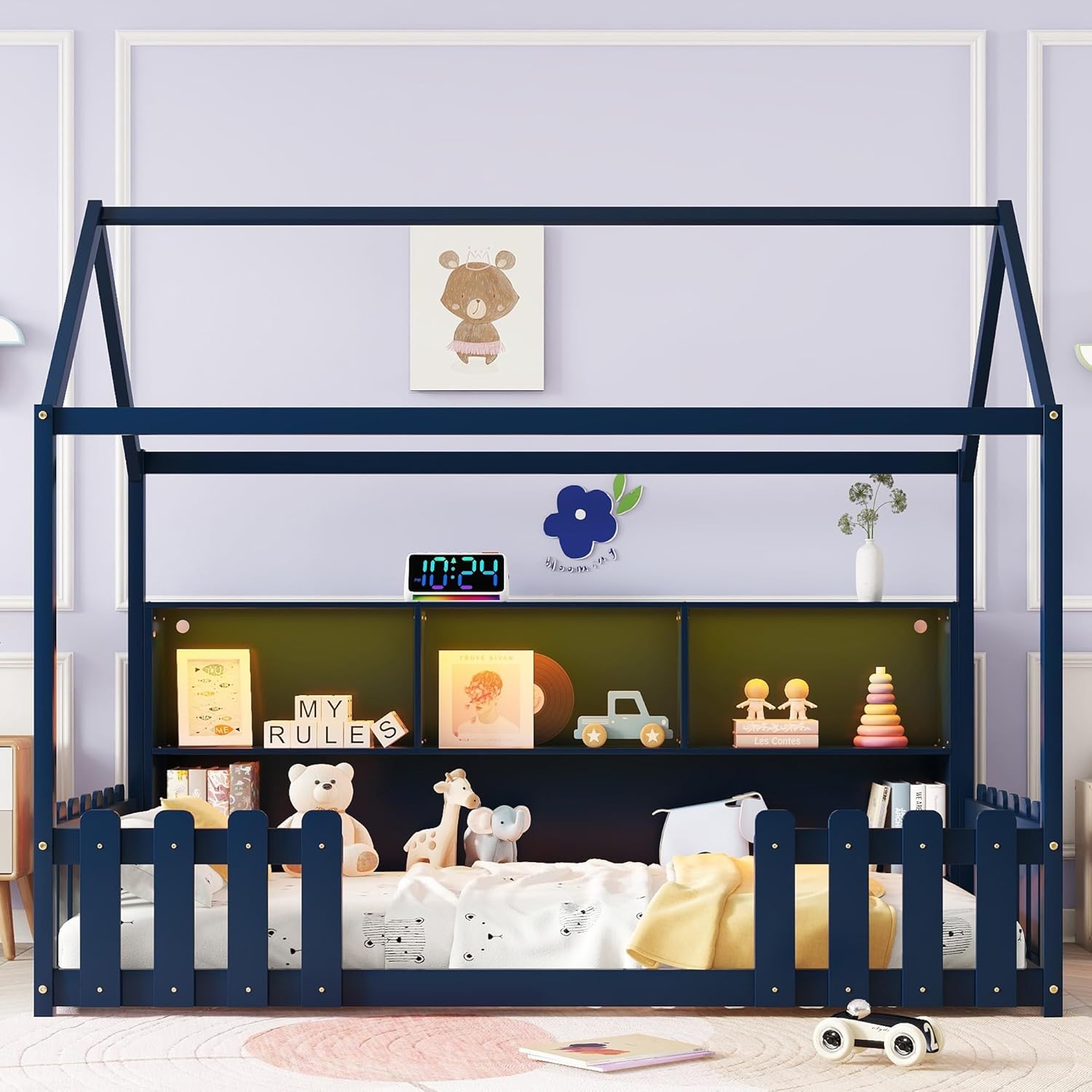 Navy Blue House-Style Wooden Bed for Kids