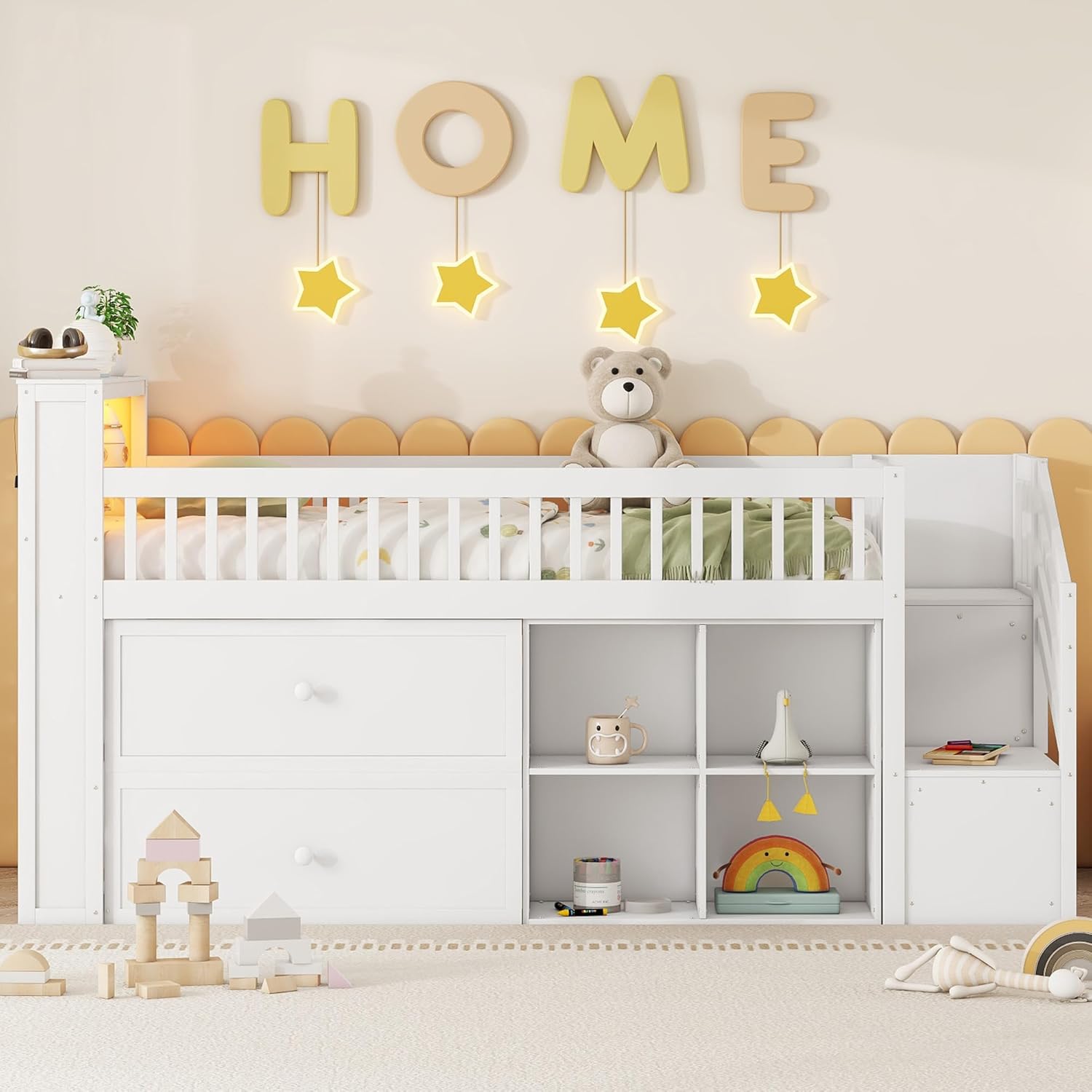 Kids Loft Bed with Bookshelf and Storage Space
