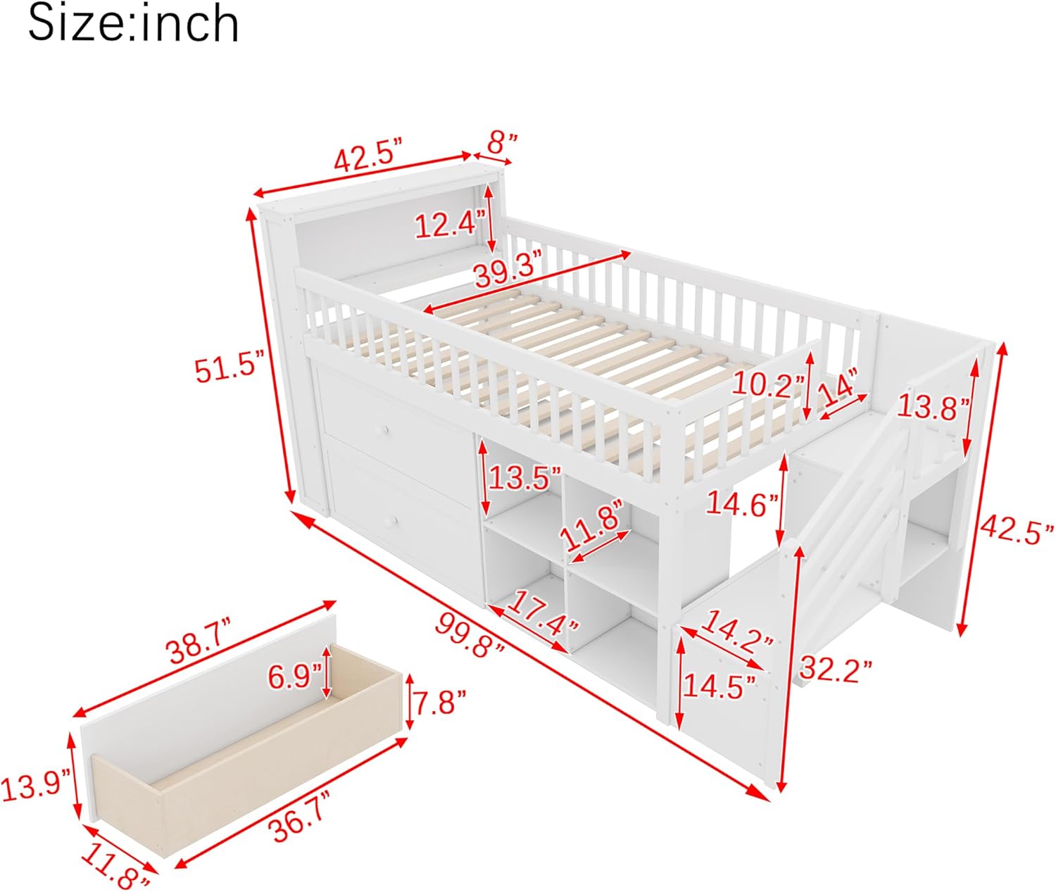 Kids Loft Bed with Bookshelf and Storage Space