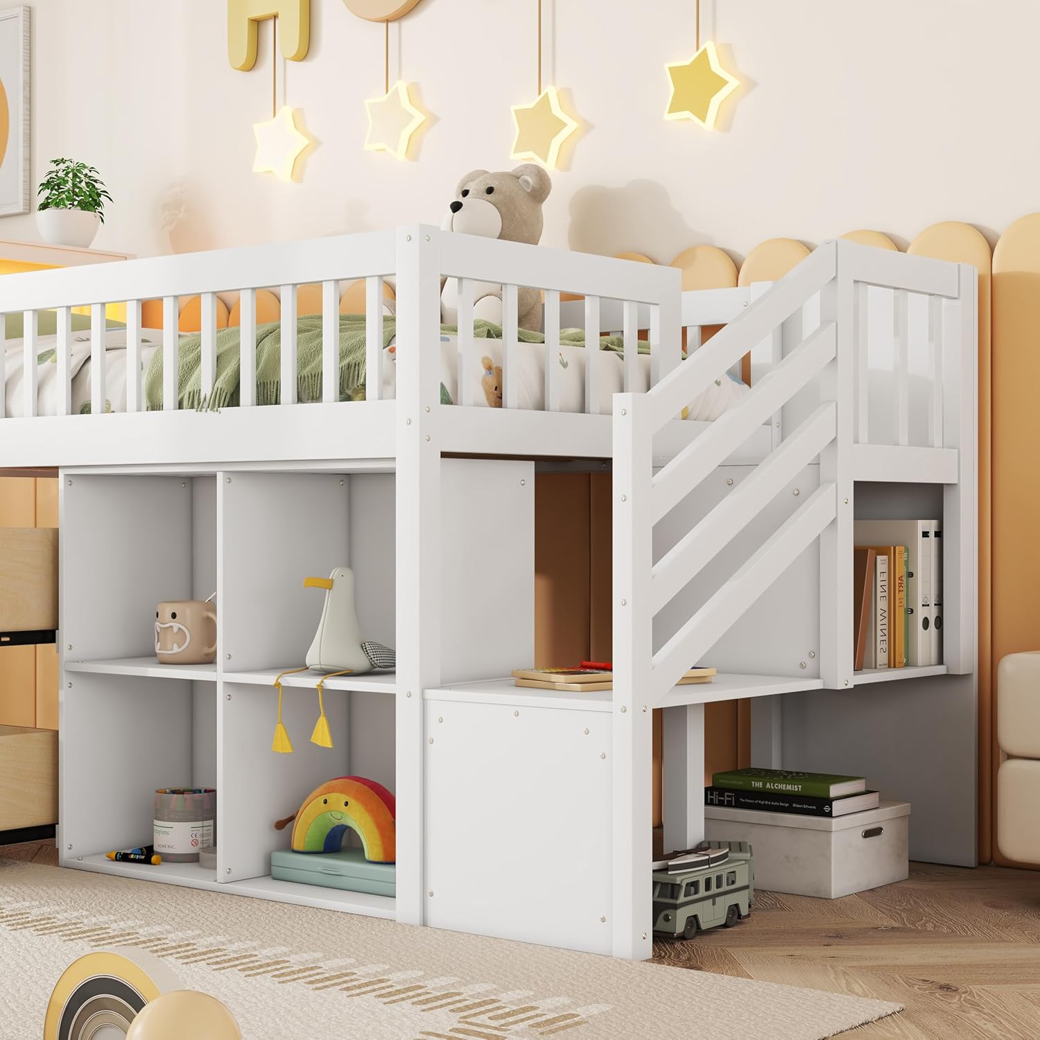 Kids Loft Bed with Bookshelf and Storage Space