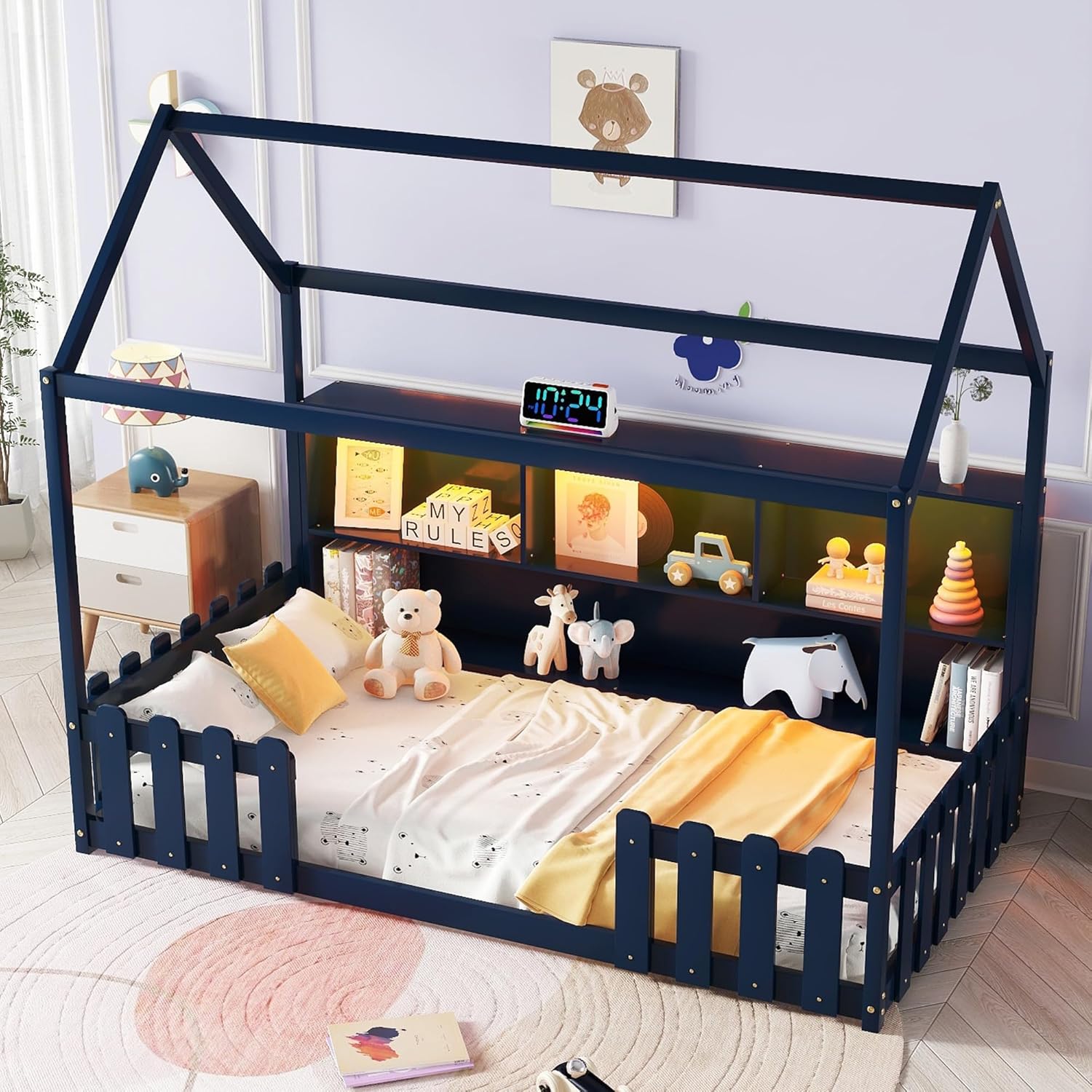 Navy Blue House-Style Wooden Bed for Kids