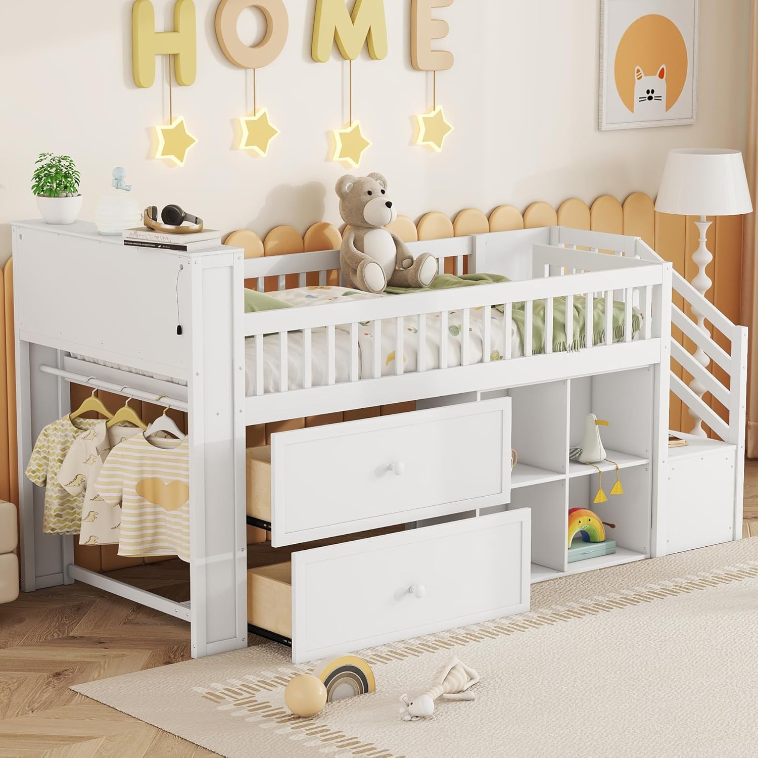 Kids Loft Bed with Bookshelf and Storage Space