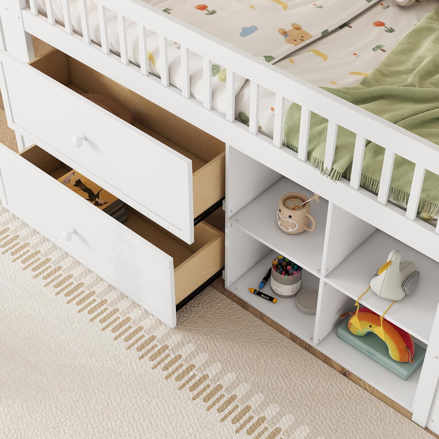 Kids Loft Bed with Bookshelf and Storage Space
