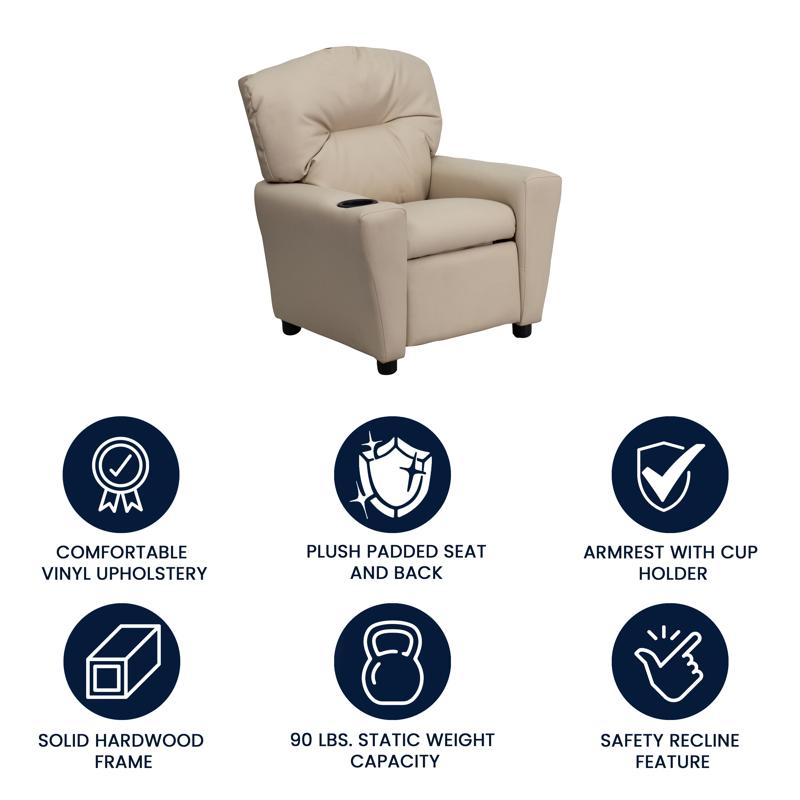 Beige Vinyl Kids Recliner with Cup Holder