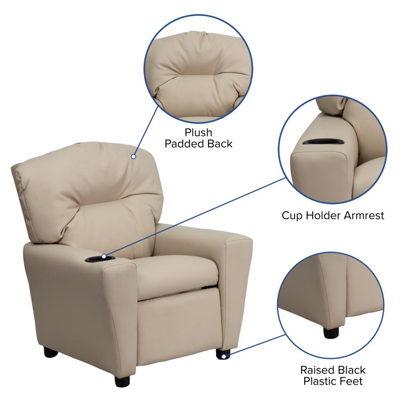 Beige Vinyl Kids Recliner with Cup Holder