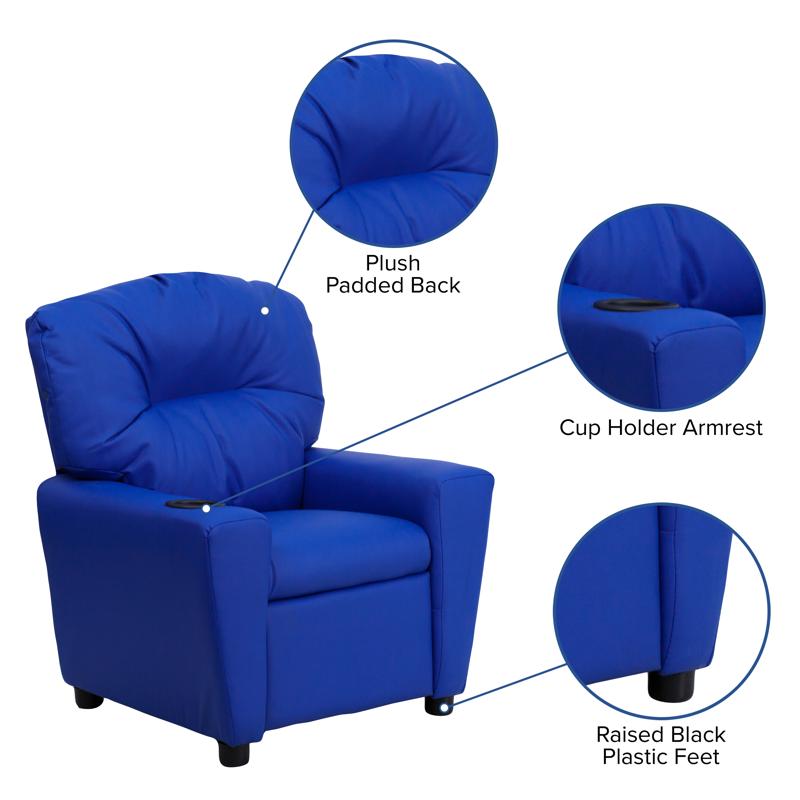 Blue Vinyl Kids Recliner with Cup Holder