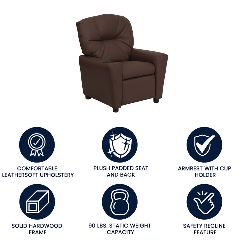 Brown LeatherSoft Kids Recliner with Cup Holder