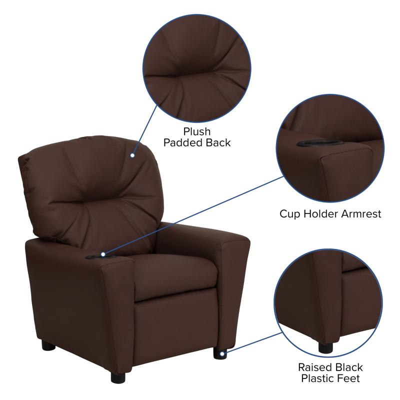 Brown LeatherSoft Kids Recliner with Cup Holder