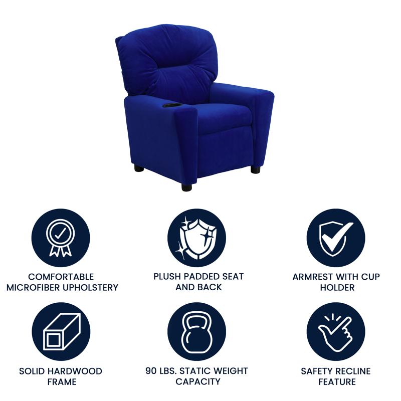 Blue Microfiber Kids Recliner with Cup Holder