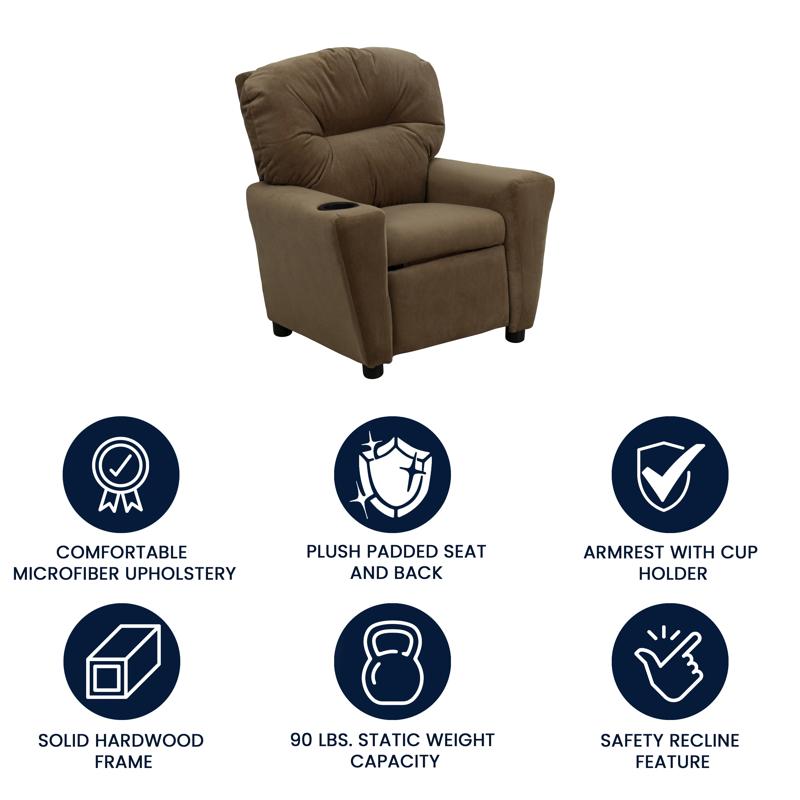 Brown Microfiber Kids Recliner with Cup Holder