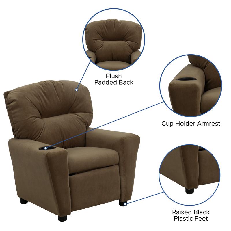 Brown Microfiber Kids Recliner with Cup Holder