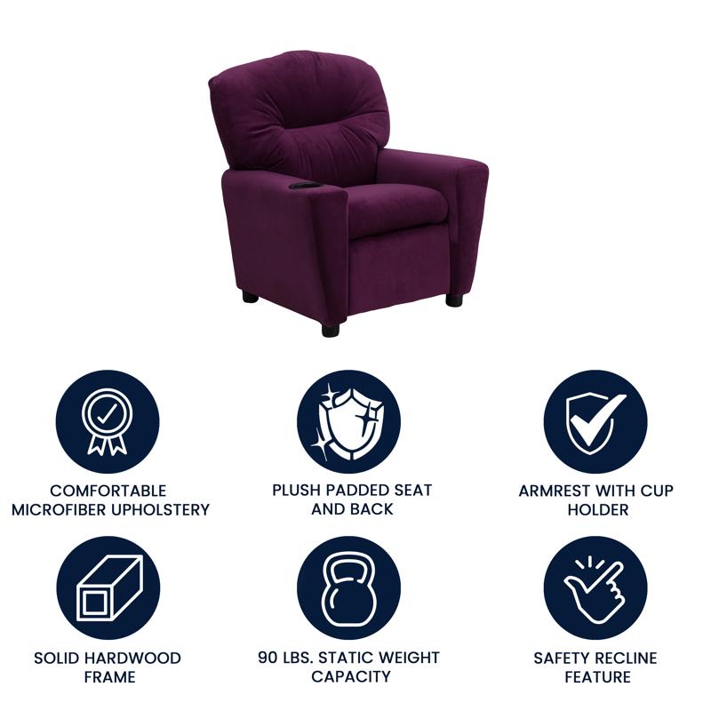 Purple Microfiber Kids Recliner with Cup Holder