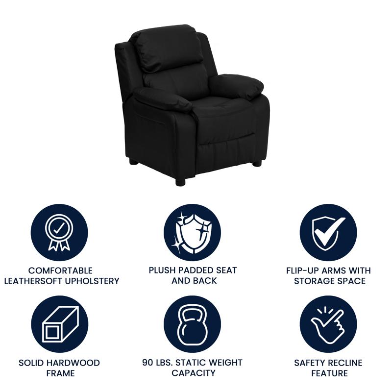 Padded Black LeatherSoft Kids Recliner with Storage Arms