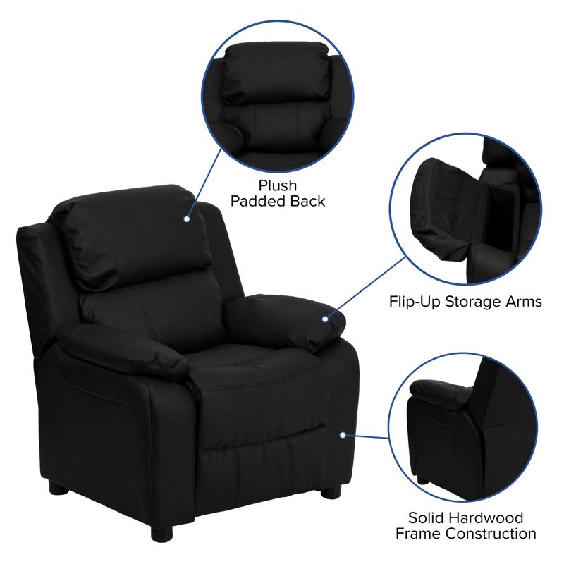 Padded Black LeatherSoft Kids Recliner with Storage Arms