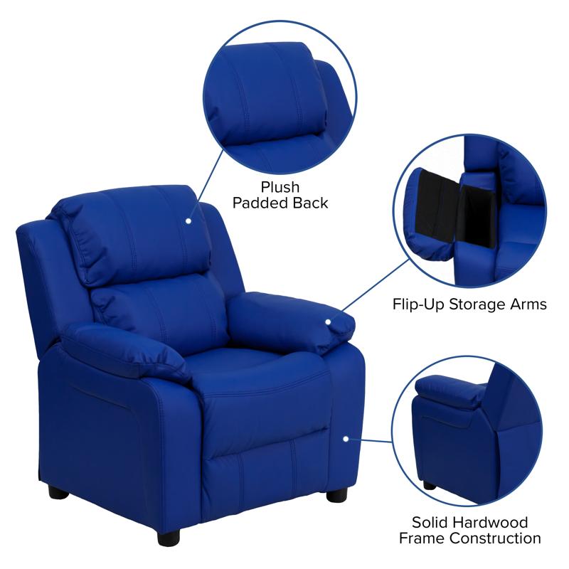 Padded Blue Vinyl Kids Recliner with Storage Arms
