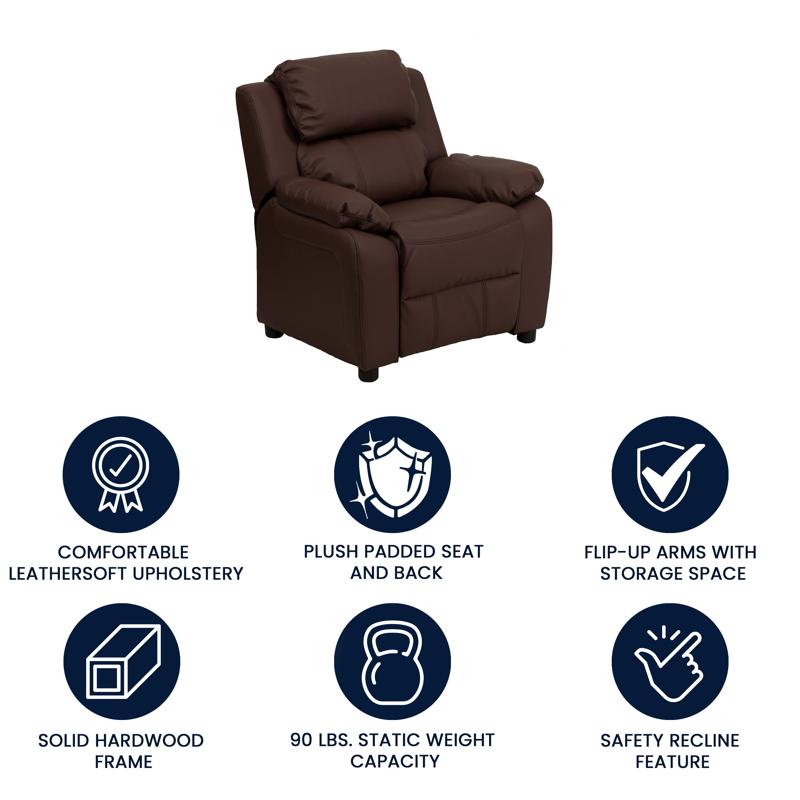 Padded Brown LeatherSoft Kids Recliner with Storage Arms