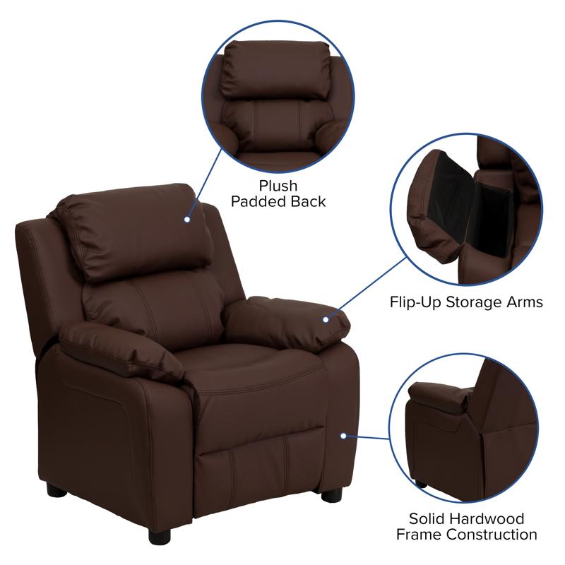 Padded Brown LeatherSoft Kids Recliner with Storage Arms