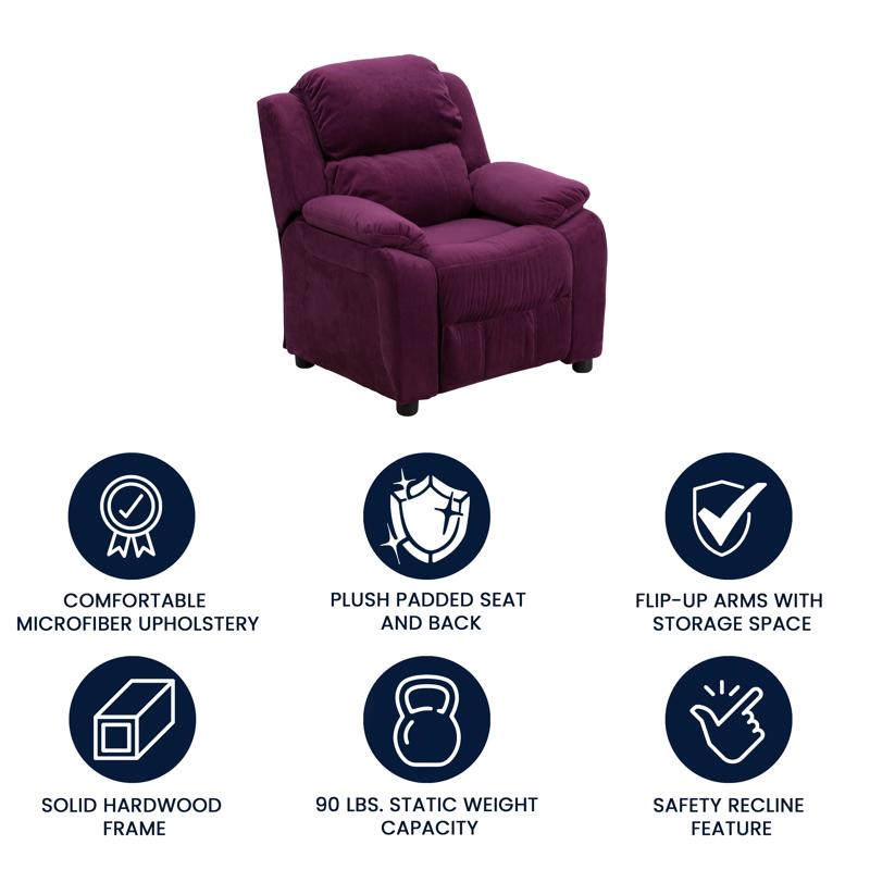 Padded Purple Microfiber Kids Recliner with Storage Arms