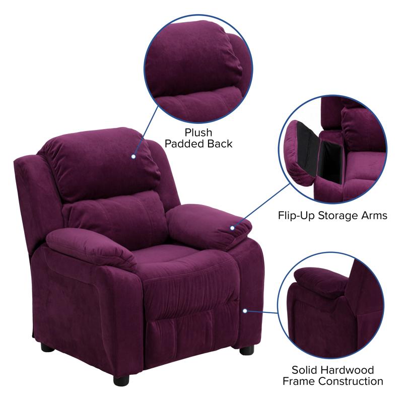 Padded Purple Microfiber Kids Recliner with Storage Arms