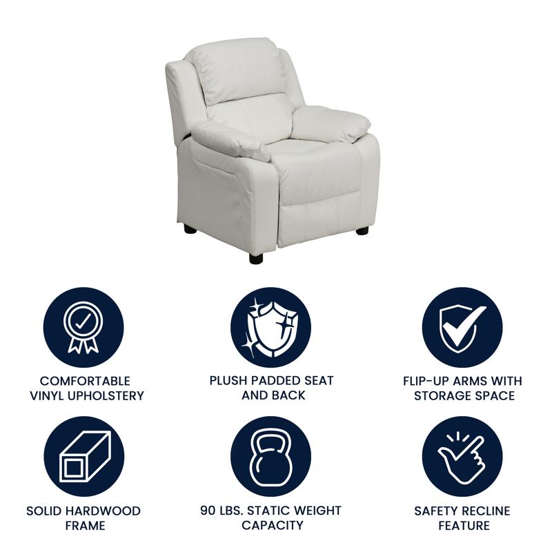 Padded White Vinyl Kids Recliner with Storage Arms