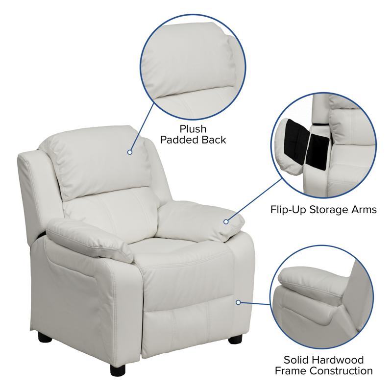 Padded White Vinyl Kids Recliner with Storage Arms