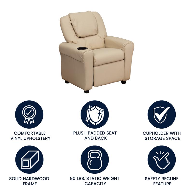 Beige Vinyl Kids Recliner with Cup Holder and Headrest