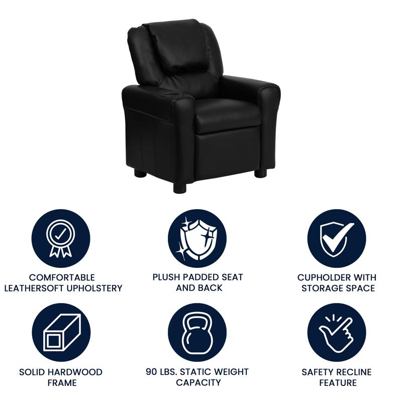 Black LeatherSoft Kids Recliner with Cup Holder and Headrest