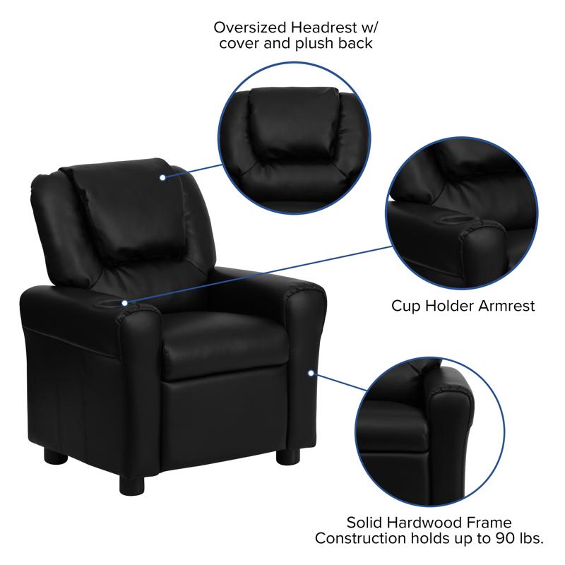 Black LeatherSoft Kids Recliner with Cup Holder and Headrest