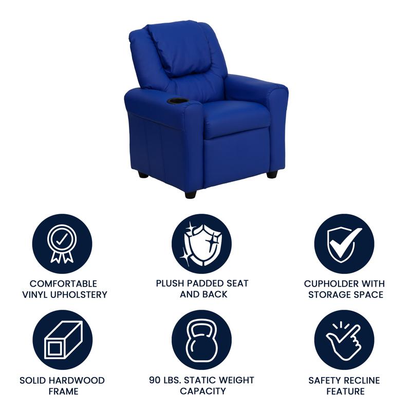 Blue Vinyl Kids Recliner with Cup Holder and Headrest