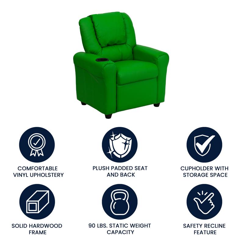 Green Vinyl Kids Recliner with Cup Holder and Headrest